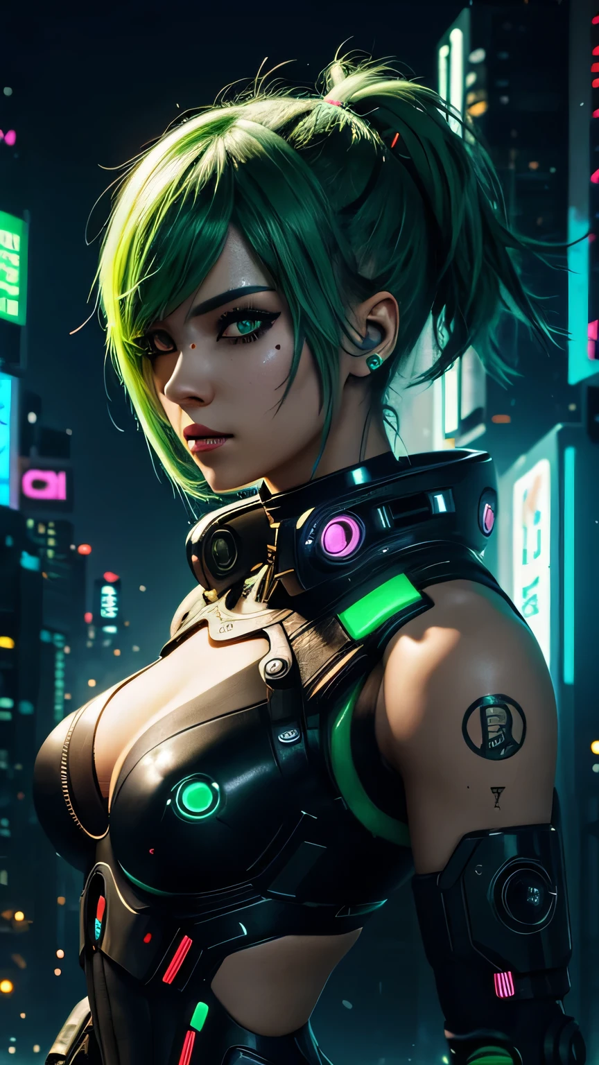 cyborg girl, robot hand, black eyes, cyberpunk city background, neon light, green hair, masterpiece, ultra high details
