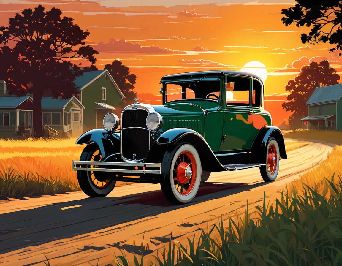 stylized digital art featuring a dark red "Ford T" jalopy parked by a dirt road through a field during sunset. The sky is painted in warm shades of orange, yellow and red, with the sun low on the horizon. The jalopy is portrayed from the corner, with its shiny red bodywork. Its wheels are classic, with a white stripe, rubberized tire and shiny metal rim that reflects the light of the setting sun. The jalopy's headlights are on. The field is filled with tall grass that sways in the wind. The grass is represented in shades of green and brown, with some lighter areas, which could be an artistic choice to emphasize the intensity of the scene. The overall art style is reminiscent of comic book art, with bold lines and a limited color palette that enhance the dramatic effect of the scene. Art by Dechko Uzunov, highly detailed vector art, vintage art style, comic book art, digital Ford T, Martin Ansin, by Evan Charlton, sunset!, by Eddie Mendoza, sunset illustration sun, featured art, digital colorful illustration, (masterpiece), best quality