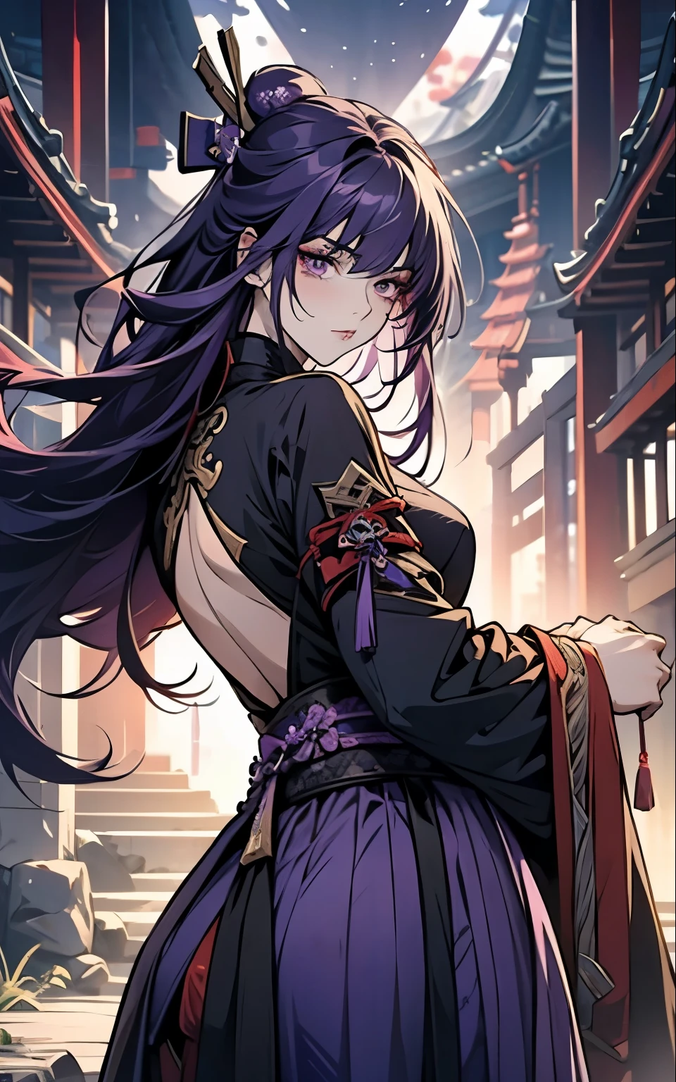 1 women, Raiden Shogun - genshin impact, long purple hair, violet eyes, violet chinese clothes, ultra long skirt, Fight, battle, blood