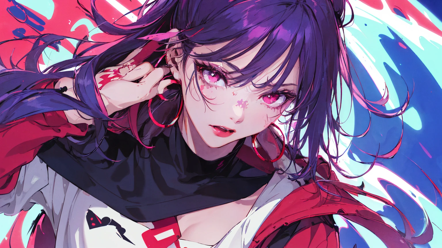 hair above one eye, Purple eyes, Clear Eyes, choker, Neon Shirt, torn legwear, open jacket、Blue pubic hair catches my eye,Bright red background、Red background, graffiti, Shineing grafiti, Shineing tattoos, Shine, Neon Light, Black light,Anime Style, movie portrait photography, 1 female, 22 years ago, Whole Body Ezbian,Big and ample breasts, anger, (Scarlet Hair), Long Hair, Purple eyes, wearing a short black dress, (Natural skin texture vivid details, Surreal, (Realistic eyes, Natural skin texture, Realistic facial details), Soft and dramatic lighting, Written boundary depth, Bokeh, vivid details, Surreal, 35mm movie, Absent-minded, movie,lipstick, ear piercing, eye shadow, Hoop Earrings, red pink lips, multicolored red eyes, Red background,Beautiful Eyes,Bold Pose、Strike a Pose,upper ponytail,drooping bangs,Droopy eyes、((school uniform))、high school girl