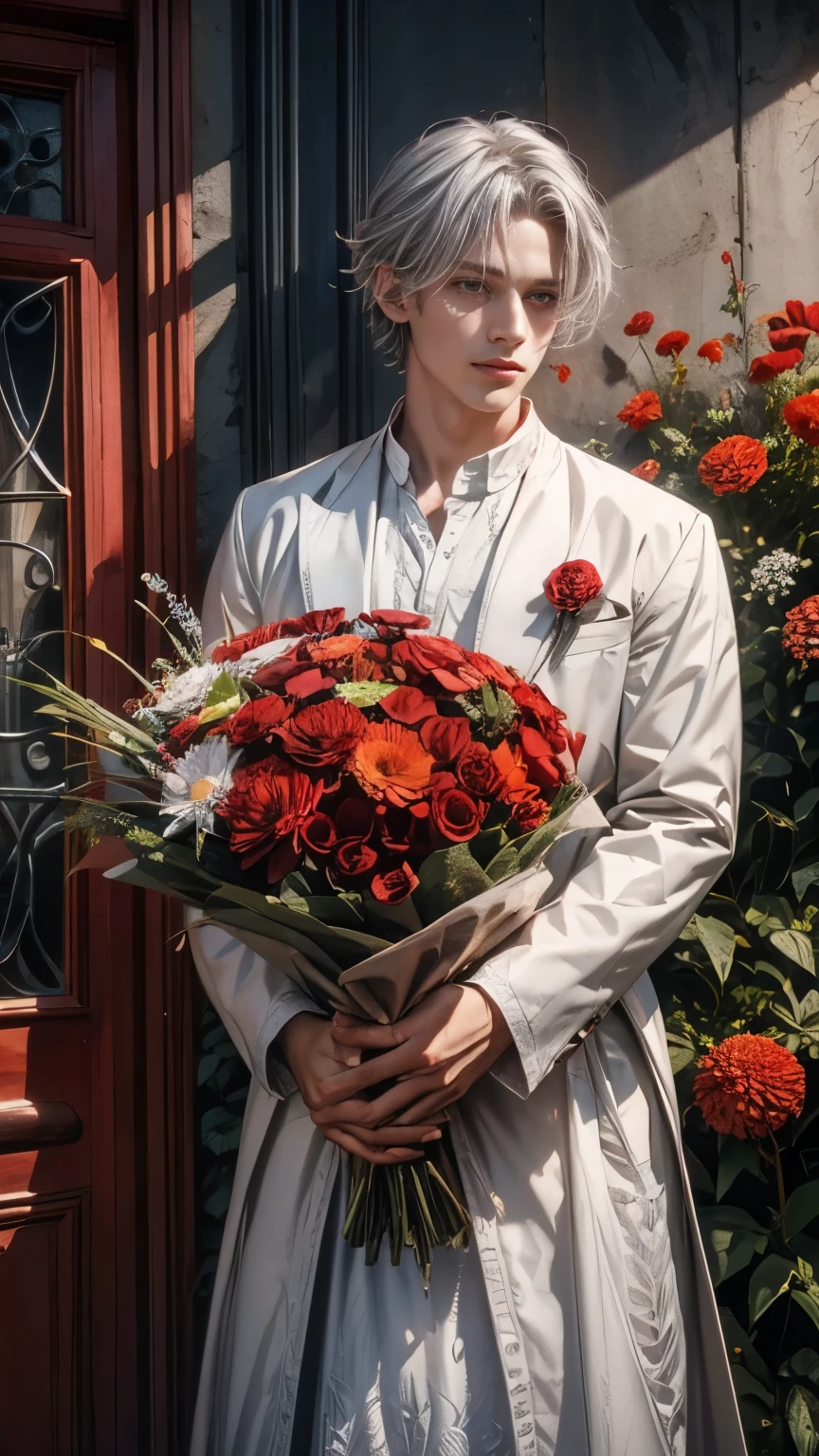 Angel,Wizard,Silver Hair,nature,One boy,Bouquet of red gerberas,Front facing,Highest quality
