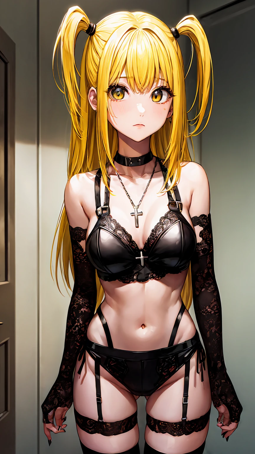 misaamane, misa amane, long hair, bangrown eyes:1.7), (yellow hair:1.5), blunt bangs, (two side up:1.5), red lips, lipstick, solo, 1girl,
BREAK thighhighs, jewelry, collarbone, boots, detached sleeves, choker, black thighhighs, necklace, black footwear, black thong, black crop top, cleavage, medium breasts, garter straps, cross, red nails, cross necklace,
BREAK looking at viewer,
BREAK indoors,
BREAK (masterpiece:1.2), best quality, high resolution, unity 8k wallpaper, (illustration:0.8), (beautiful detailed eyes:1.6), extremely detailed face, perfect lighting, extremely detailed CG, (perfect hands, perfect anatomy),