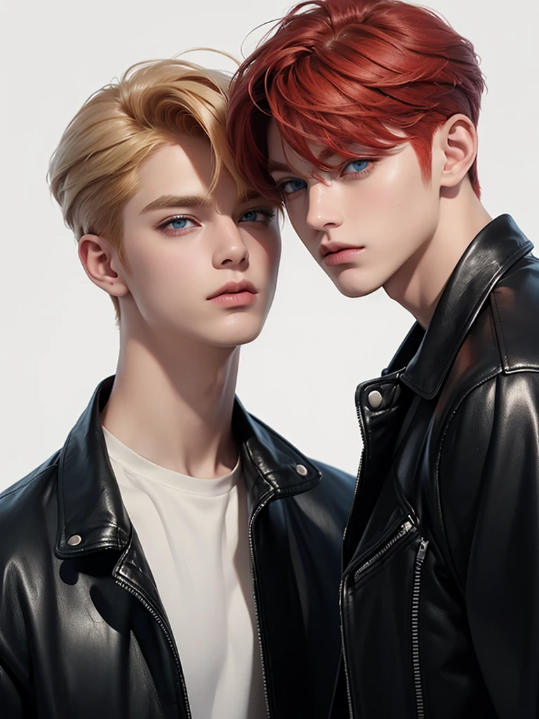 two brothers, one redhead and the other blonde with kimtaehyung bts face wearing leather jackets and a neutral background ((realist)) ((defined)) ((Perfect eyes))