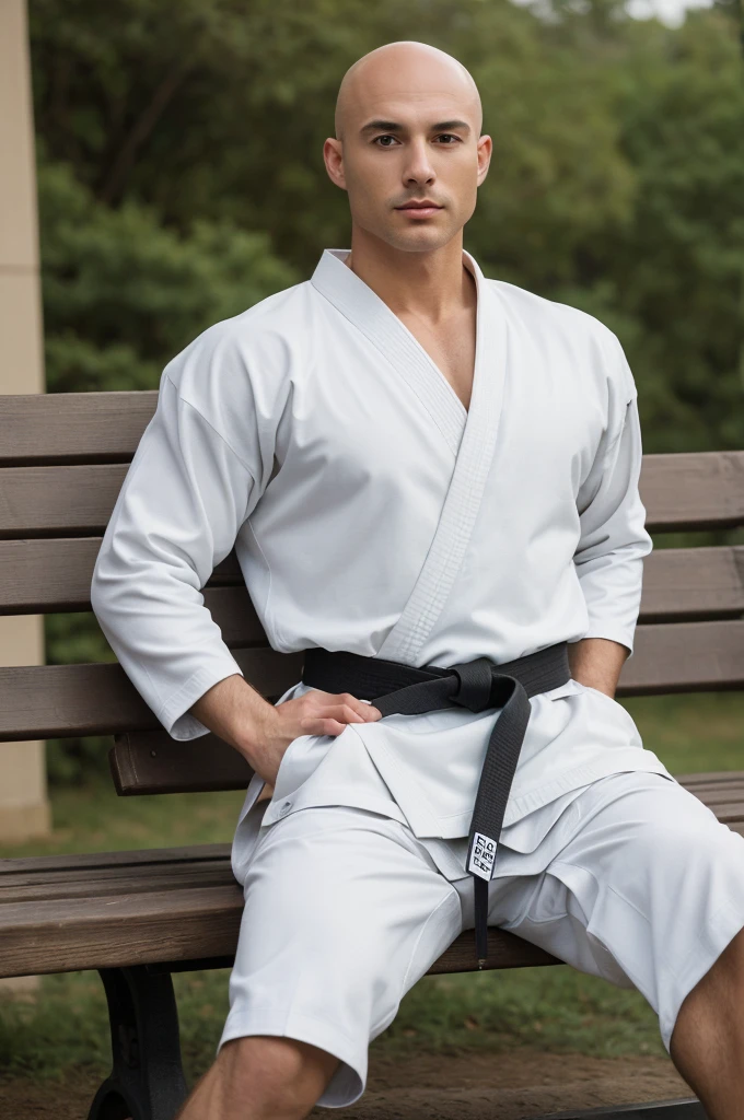 ((8k ((best quality)), ((masterpiece)), (very detailed), real face bald male muscular male full body wear karate suit sit on bench