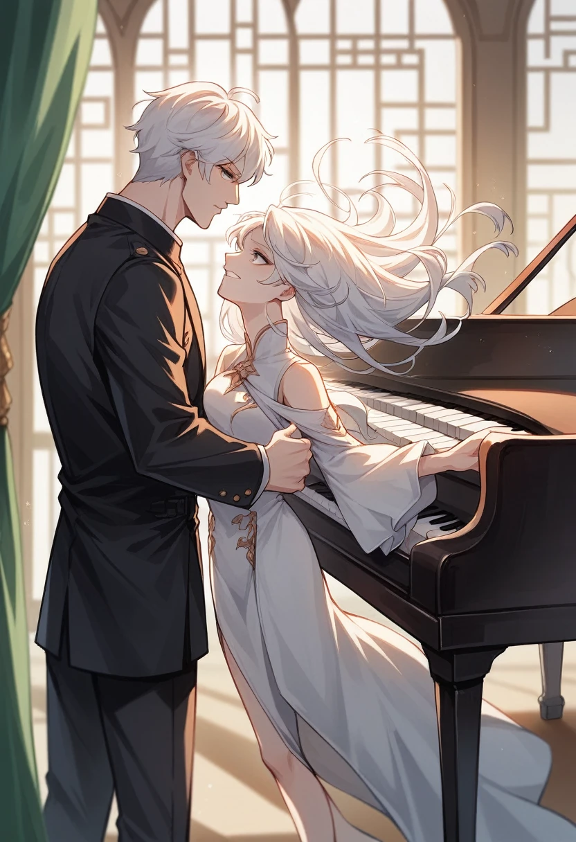 two men, A boy holding a piano, A girl holds a harp, white hair, Xianxia Fantasy, CG Social Popularity, Chinese Tower, Floating potential customers, scattered hair, Motion blurred image, movie light, The foreground is blurry., movement lines, Highly detailed, 16K, height, textured skin, Awesome details