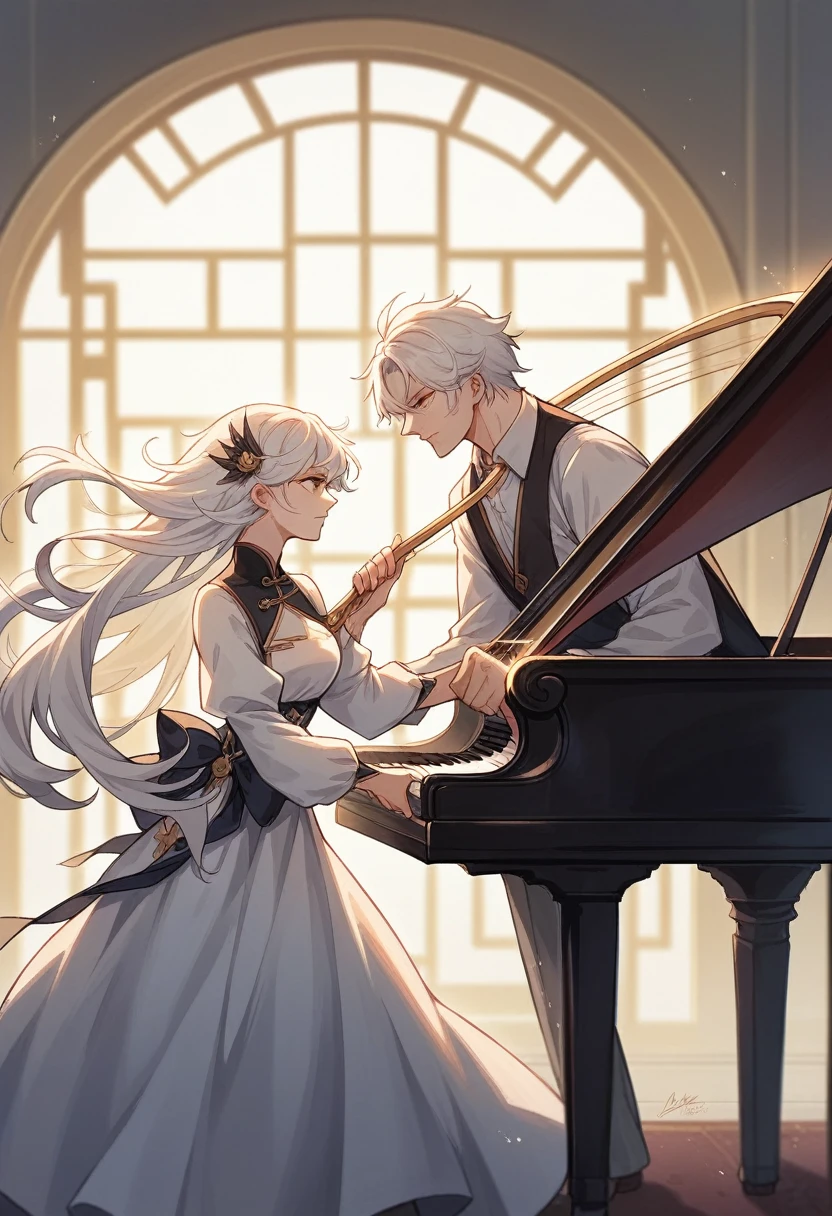 two men, A boy holding a piano, A girl holds a harp, white hair, Xianxia Fantasy, CG Social Popularity, Chinese Tower, Floating potential customers, scattered hair, Motion blurred image, movie light, The foreground is blurry., movement lines, Highly detailed, 16K, height, textured skin, Awesome details
