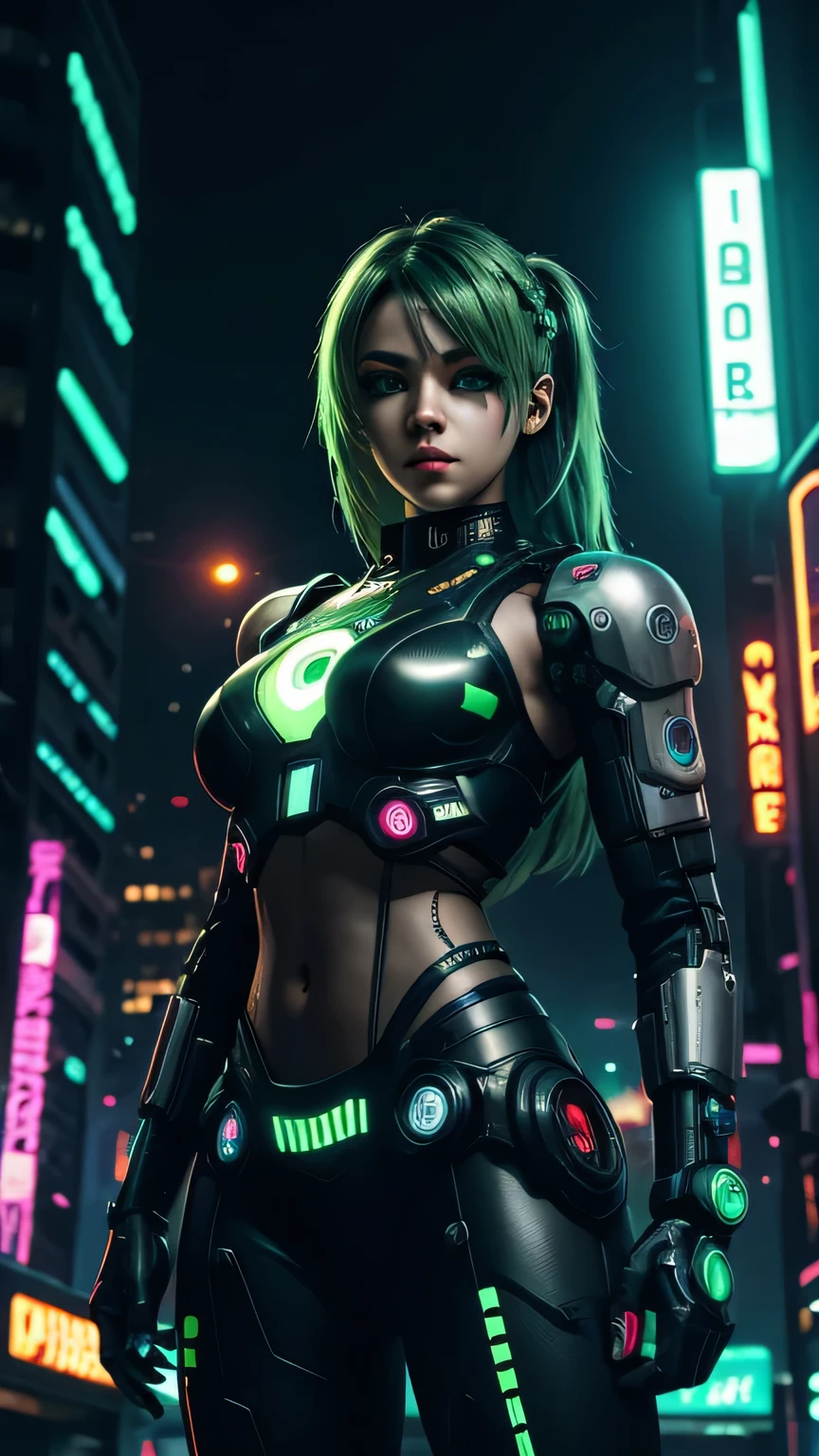 cyborg girl, robot hand, black eyes, cyberpunk city background, neon light, green hair, masterpiece, ultra high details
