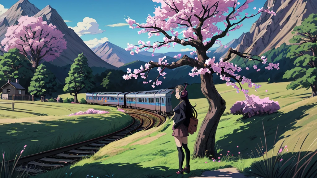 Anime girl with headphones in the train, a cherry tree in the background sam yang, 1girl, black hair, breasts, closed mouth, day, grass, headphones, lips, long hair, mountain, outdoors, profile, shadow, small breasts, solo, tree , ((masterpiece)) anime background art, amazing wallpaper, background art, hd wallpaper, relaxing concept art, beautiful wallpaper, high quality desktop wallpaper, background artwork, pc wallpaper, anime background, wallpaper hd, 8K image quality, Masterpiece 