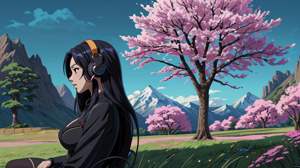 Anime girl with headphones in the train, a cherry tree in the background sam yang, 1girl, black hair, breasts, closed mouth, day, grass, headphones, lips, long hair, mountain, outdoors, profile, shadow, small breasts, solo, tree , ((masterpiece)) anime background art, amazing wallpaper, background art, hd wallpaper, relaxing concept art, beautiful wallpaper, high quality desktop wallpaper, background artwork, pc wallpaper, anime background, wallpaper hd, 8K image quality, Masterpiece 