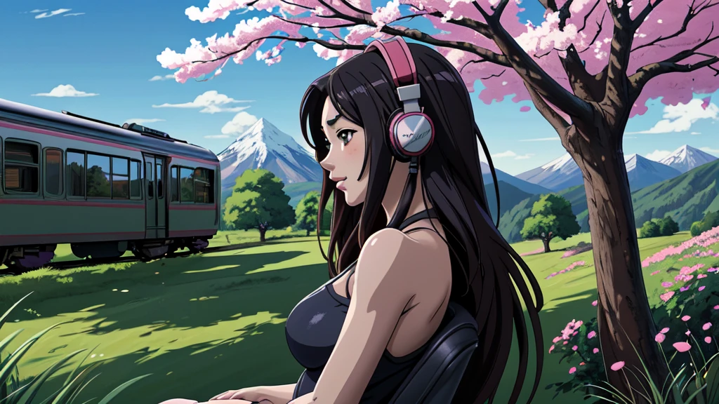 Anime girl with headphones in the train, a cherry tree in the background sam yang, 1girl, black hair, breasts, closed mouth, day, grass, headphones, lips, long hair, mountain, outdoors, profile, shadow, small breasts, solo, tree , ((masterpiece)) anime background art, amazing wallpaper, background art, hd wallpaper, relaxing concept art, beautiful wallpaper, high quality desktop wallpaper, background artwork, pc wallpaper, anime background, wallpaper hd, 8K image quality, Masterpiece