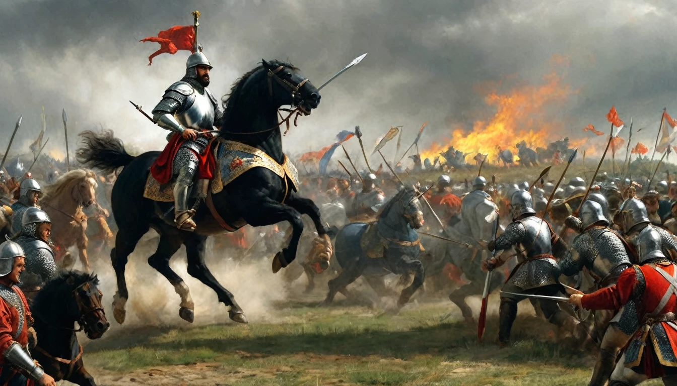 14th century, the Black Prince at the Battle of Poitiers. In the center of the scene, the Black Prince, Edward of Woodstock, is mounted on an imposing war horse, dressed in dark armor and adorned with the royal coat of arms. His expression is fierce and determined as he leads his troops. Around him, the battle rages intensely: knights in plate armor clash with swords and spears, English archers fire a hail of long arrows, and soldiers fight hand-to-hand. The battlefield is covered in rubble, banners flutter in the wind, and the noise of combat fills the air. The sky is gray, adding a somber and dramatic atmosphere to the scene, as the Black Prince leads his men to victory., Hyperrealism, UHD, retina, masterpiece, accurate, anatomically correct, textured skin, super detail, award winning, 8k