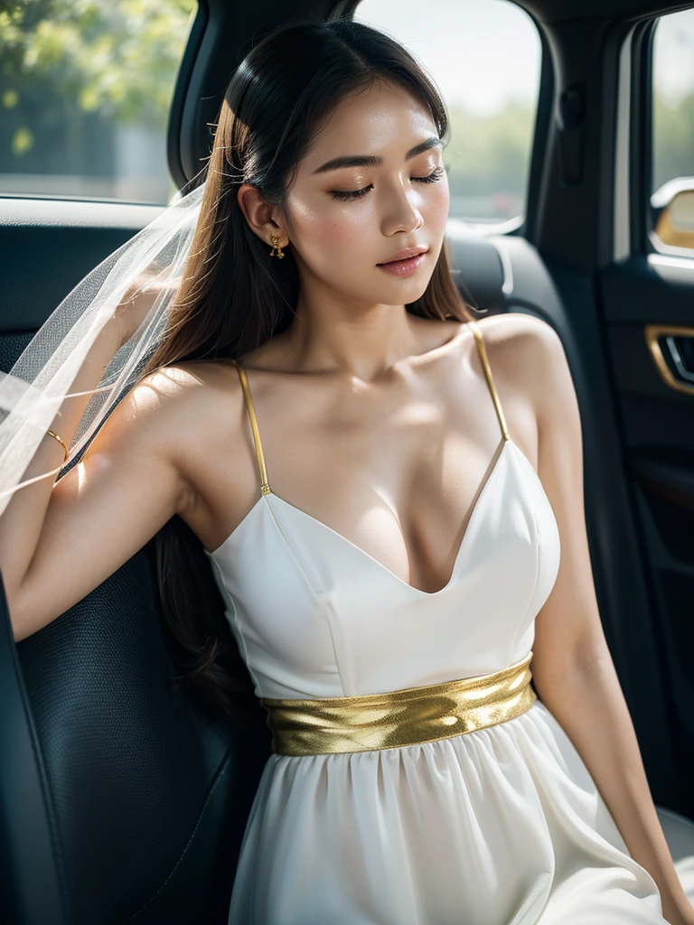 ((Masterpiece)), ((best quality)), 8K, HD, Awesome details, (woman), (White dress with golden yellow trim.), (scattered golden veils), (closed eyes expression) (Sleeping in the car 1.6) (Full-body display 1.4) งานศิลปะเป็นMasterpiece, ด้วยคุณภาพที่ดีที่สุดและAwesome details, captured in 8K HD. Photographic realistic, realistic, very detailed illustrations realistic, Octane rendering