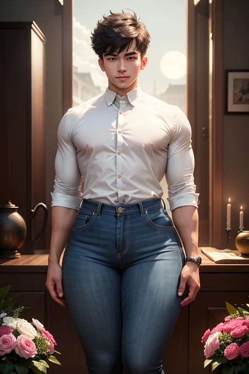 (masterpiece), best quality, expressive eyes, perfect face,young man having long legs thick thighs large hips thin and narrow weist wearing, jeans, formal shirt, moon night garden flowers, very small spikey boyish haircut, boy , boy, wide hips, very wide hips, muscular body, , tugged in, very very wide hips, huge large penis_bulge, smile, big large, very wide hips, very very wide hips, boy, full body, wide very wide hips