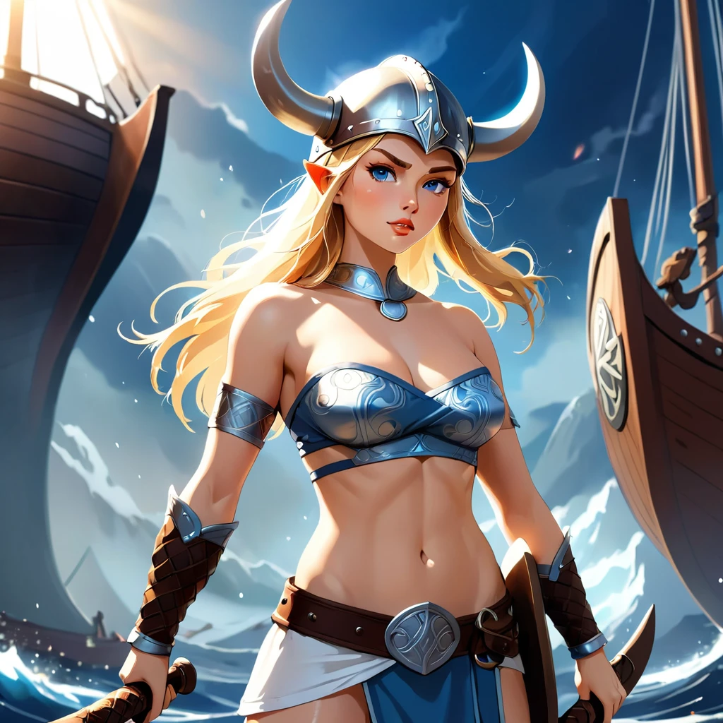 Masterpiece, digital artwork, A gorgeous female Viking warrior, skimpy outfit, topless, axe in hand, Viking helmet, ship in background, exposed midriff, navel, toon style, anime style, vector art, cell shading, sharp nose, dynamic soft ethereal lighting, rays of light, full luscious lips, hyper detailed face, perfect clear eyes,