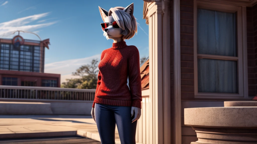 Loona from Helluva Boss, female white wolf, anthro, short white fluffy bob cut hair, sunglasses, she is blind, red sweater, blue pants, adult, mature, mommy, standing, serious, detailed, solo, beautiful, high quality, 4K