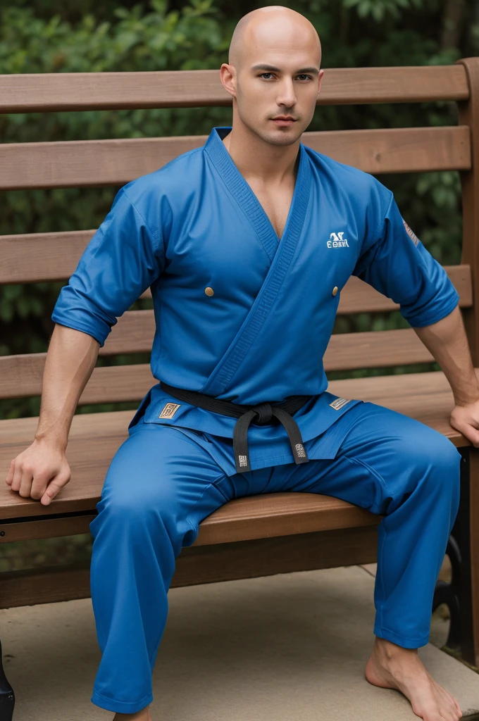 ((8k ((best quality)), ((masterpiece)), (very detailed), real face bald male muscular male full body wear karate suit sit on bench