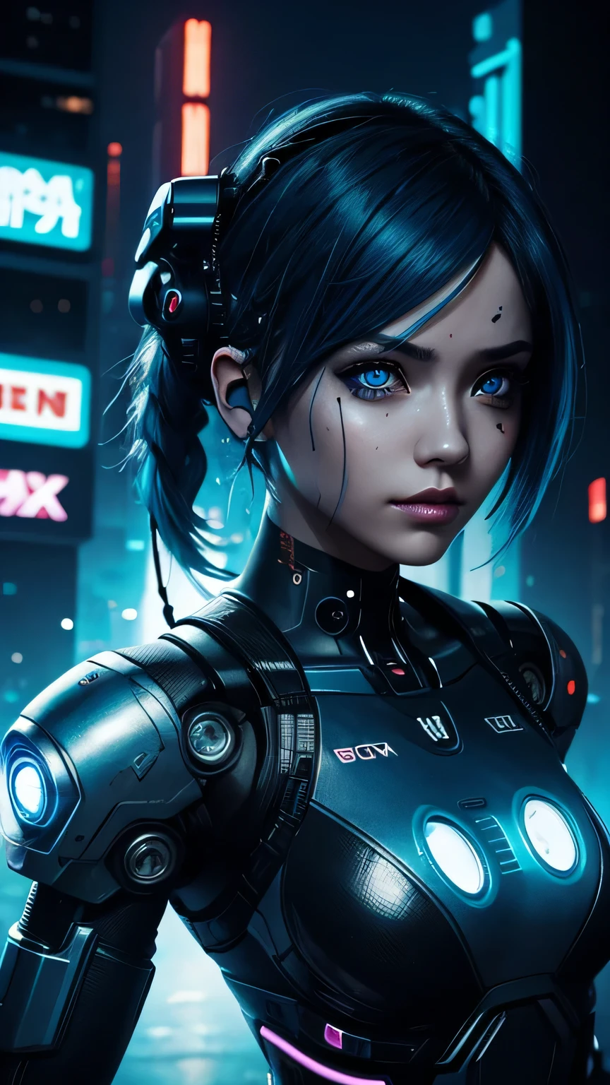 cyborg girl, robot hand, black eyes, cyberpunk city background, neon light, blue hair, masterpiece, ultra high details