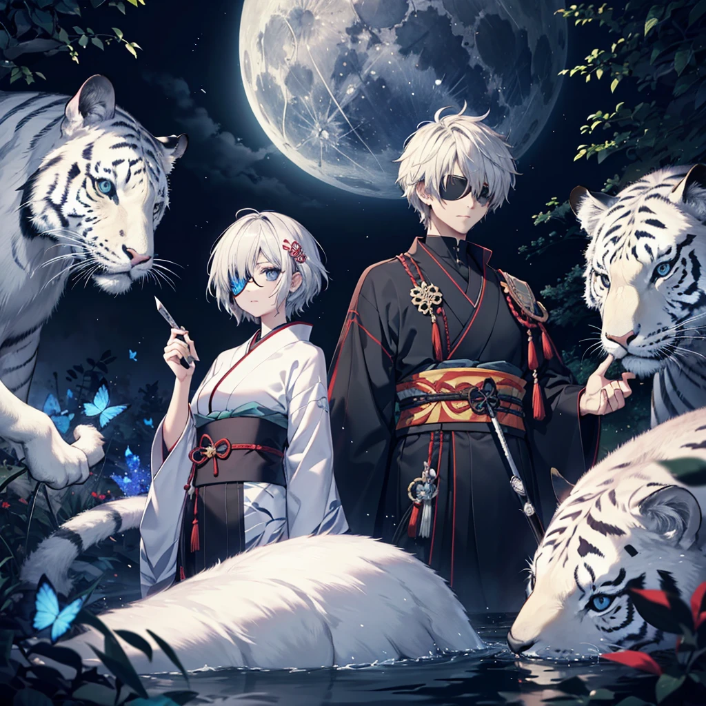 (((1 person)))　(((Put on an eye patch)))　((White Tiger))　((High resolution　short hair　Gray Hair　Black kimono　Shoulder　knifeを持つ　Hold with both hands))　((Black Band　samurai　Lonely　despair　blue eyes　Close-up))　((Blue Butterfly　night　Japanese style　old　Shining Aura　garden　water surface　full moon　Catch the wind))　(dance　日本knife　knife)　moonlight　star　Draw your sword　Shining Background　Shining Edge