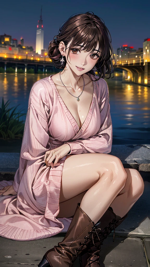 (masterpiece:1.3, Highest quality, Ultra-high resolution, Super detailed), (Realistic, photoRealistic:1.4), Beautiful illustrations, Perfect lighting, colorful, Depth of written boundary, Beautiful detailed hair, Beautifully detailed face, Beautiful fine details, Droopy eyes、Beautiful clavicle, Beautiful body, 美しいLarge Breasts, Beautiful thighs, Beautiful feet, Beautiful fingers, View Viewer、Front view:0.6, Beauty1人, Japanese, Beauty、30 years old, Perfect Face, (Perfect Anatomy, Anatomically correct), Cute and symmetrical face, Baby Face, , Shiny skin, (Pink long sleeve knit A-line dress:1.4) 、(short boots:1.3)、(Dark brown hair, Updo Hair:1.4), braided bangs、Dark brown eyes, Large Breasts, Slim body, necklace, Small earrings:1.1, (Beautiful views), (night), (city, cityscape in the distance), Riverside、 A soft smile、(Smile, Lips parted),