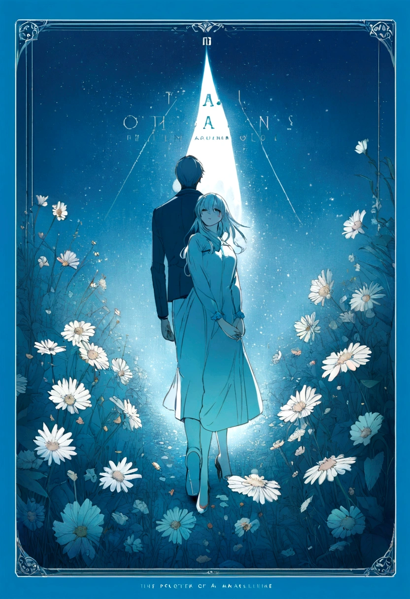 Couple, a man is holding a woman's hand , there is a poster of a man and a woman walking through a field of flowers from far angle , . digital art, by Marshall Arisman, cover illustration, , book cover illustration, by Brigette Barrager, album cover, novel cover art for a book, art concept for a book cover, cover art, official fanart, romance book cover style, by Ayami Kojima, mazarineee, album art, album cover!, aquamarine, the album is called tripmachine, detailed fanart, detailed photo of an album cover, blue theme