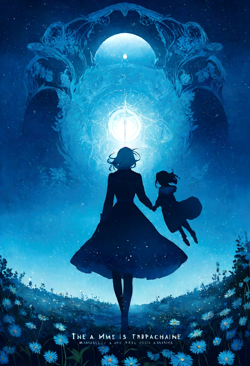 Couple, a man is holding a woman's hand , there is a poster of a man and a woman walking through a field of flowers from far angle , . digital art, by Marshall Arisman, cover illustration, , book cover illustration, by Brigette Barrager, album cover, novel cover art for a book, art concept for a book cover, cover art, official fanart, romance book cover style, by Ayami Kojima, mazarineee, album art, album cover!, aquamarine, the album is called tripmachine, detailed fanart, detailed photo of an album cover, blue theme