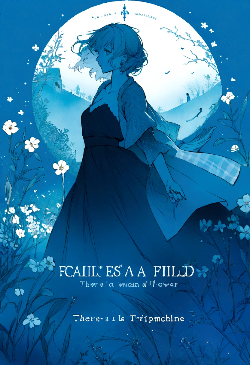 Couple, a man is holding a woman's hand , there is a poster of a man and a woman walking through a field of flowers from far angle , . digital art, by Marshall Arisman, cover illustration, , book cover illustration, by Brigette Barrager, album cover, novel cover art for a book, art concept for a book cover, cover art, official fanart, romance book cover style, by Ayami Kojima, mazarineee, album art, album cover!, aquamarine, the album is called tripmachine, detailed fanart, detailed photo of an album cover, blue theme