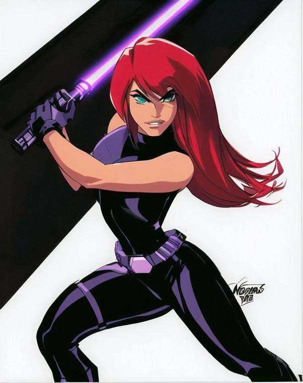 Derrick J Wyatt style, masterpiece, best quality, dramatic pose, dynamic action, glowing lights, neon colors, Star Wars based environment, extremely detailed face, long eyelashes, a upper body shot of a woman (Mara Jade), long orange hair, bright green eyes, a determined look, smirking and stoic gaze. She's wearing a tight shiny black leather suit, loves, silver utility belt and high-heel boots. Her gaze is both alluring and fierce, as she holds the purple lightsaber with a delicate yet deadly grip. Mara Jade is in a fighting position with the purple lightsaber.
