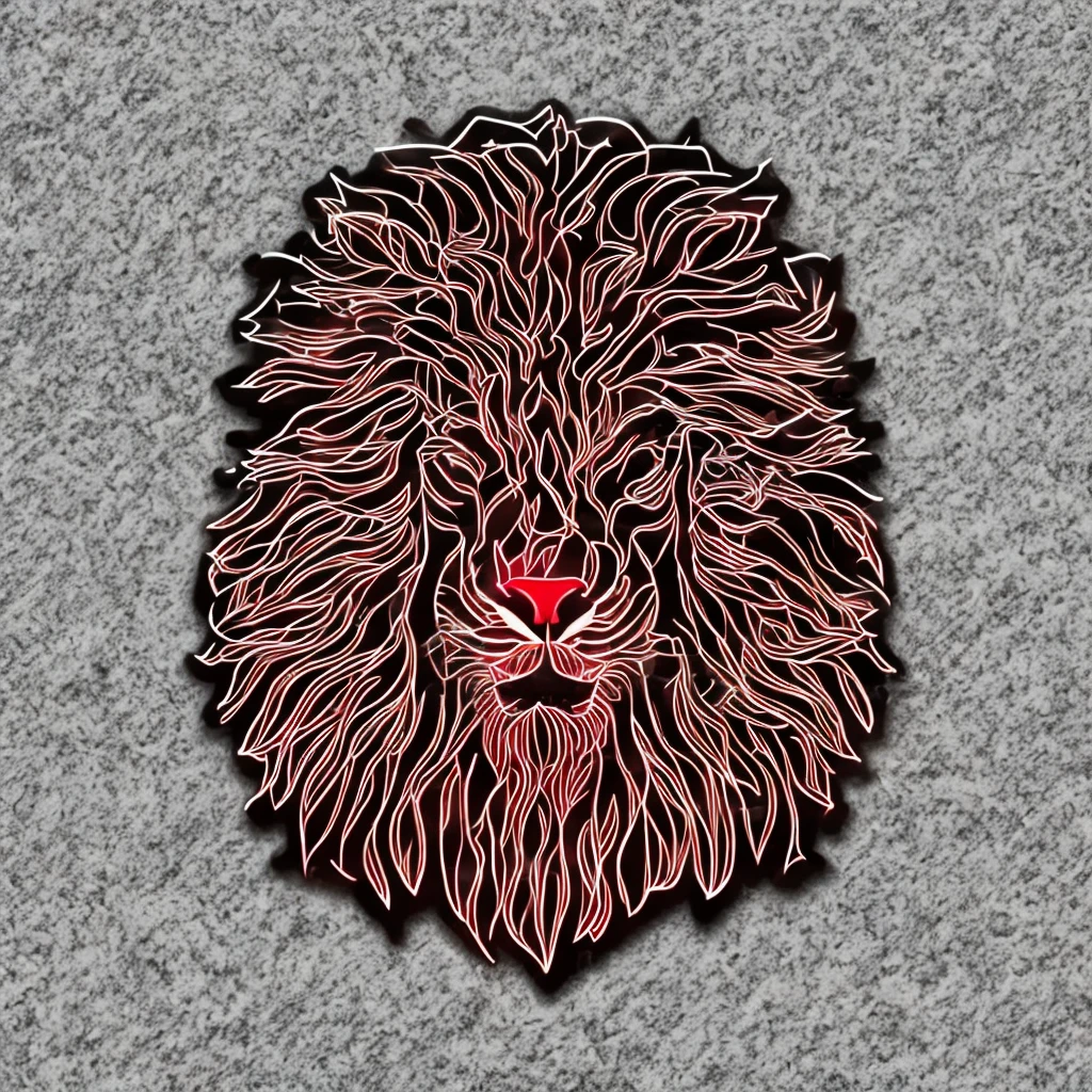 a design [lion head] roarrr face, [soft neon light], sticker art, vector art, dark backgroud, and splash red blods, hight quality