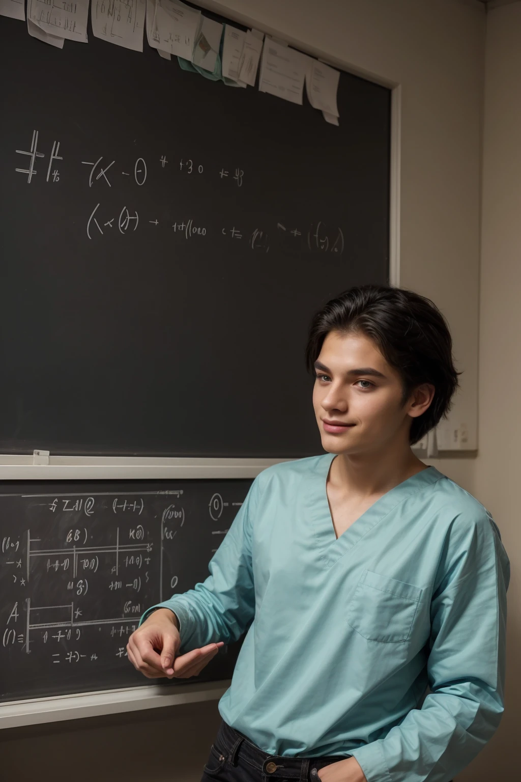 A beautiful, twinkly, male young man with a make-up face. He is wearing a long-sleeved aquamarine shirt and black jeans. He is in the surgical theater, and behind him is a blackboard with calculus and physics equations written on it. He looks proudly, and he has black hair.