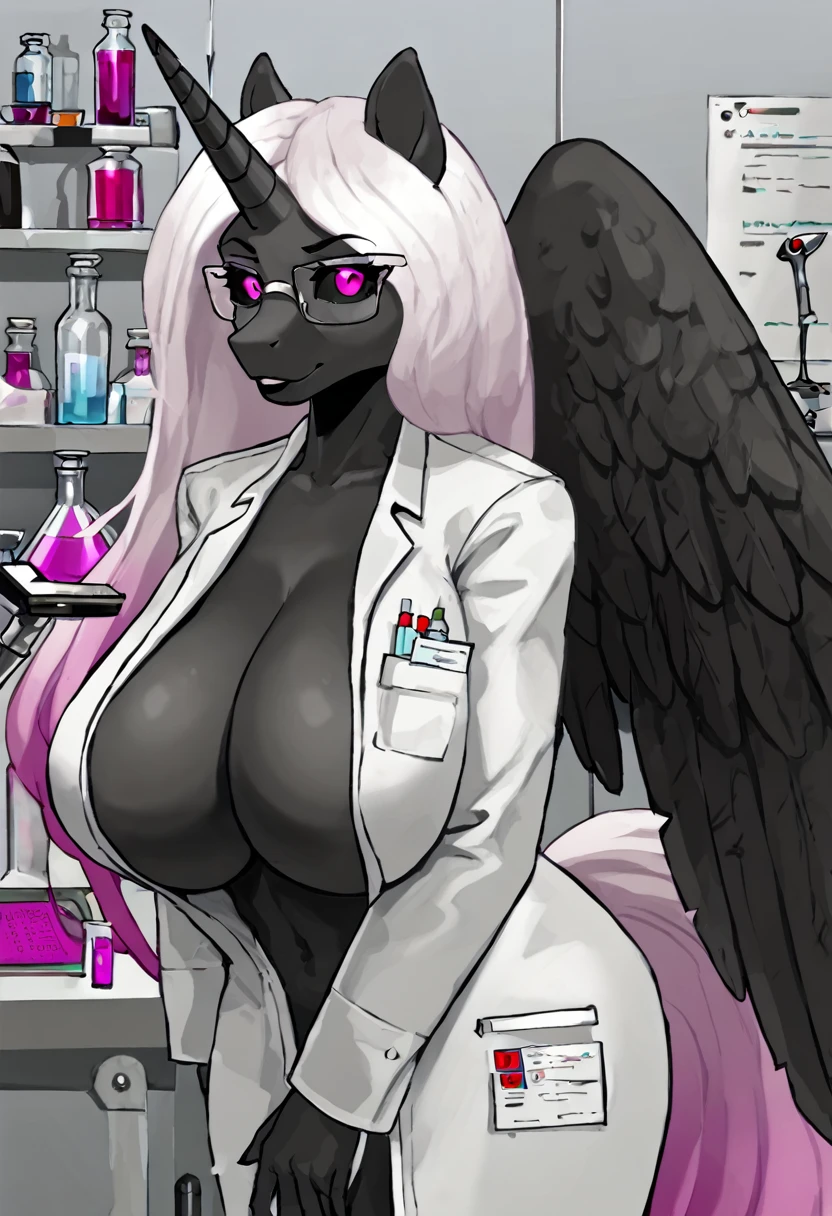 Alicorn princess, white mane,black sclera ,black body color long flowing mane pink eyes anthro huge breasts
Scientist ,lab coat, laboratory clothes, lab glasses science ,