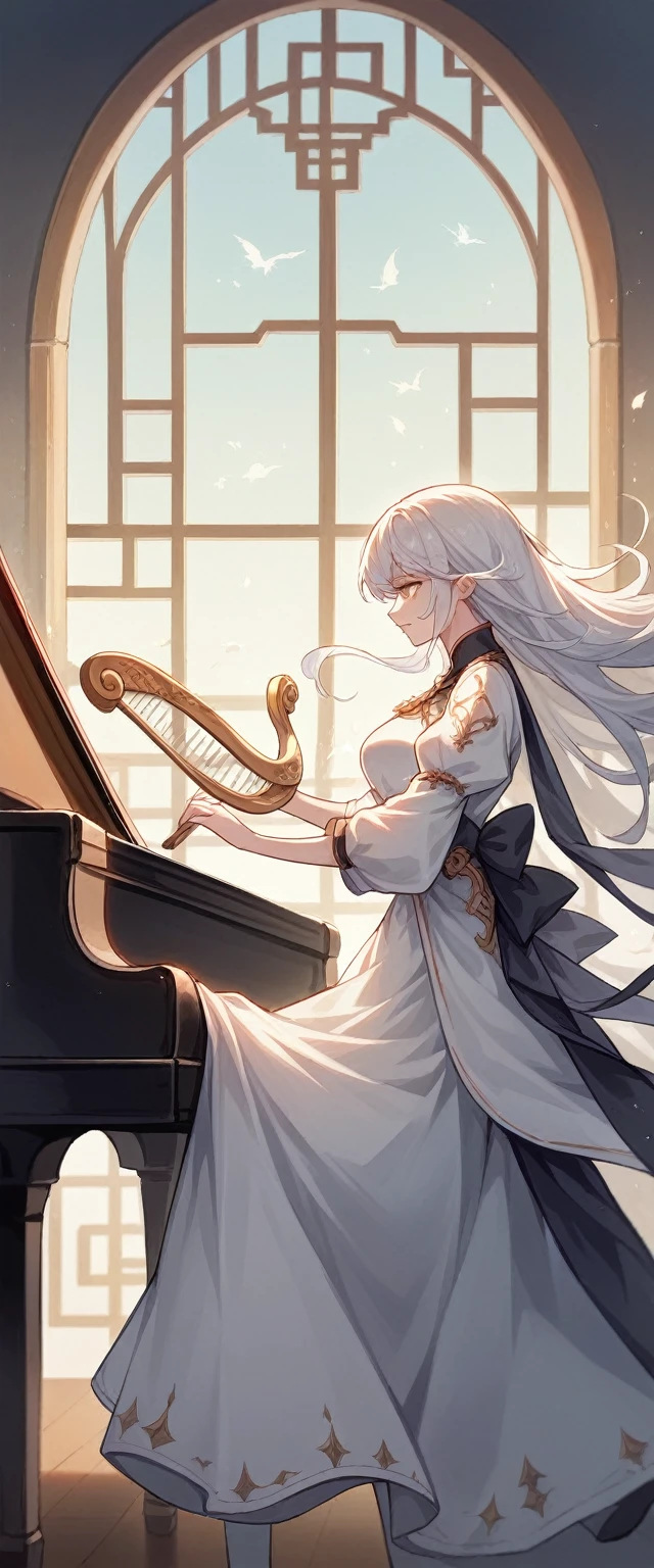 two women, A girl holding a piano, A girl holds a harp, white hair, Xianxia Fantasy, CG Social Popularity, Chinese Tower, Floating potential customers, scattered hair, Motion blurred image, movie light, The foreground is blurry., movement lines, Highly detailed, 16K, height, textured skin, Awesome details