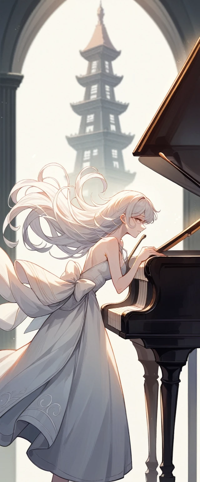 two women, A girl holding a piano, A girl holds a harp, white hair, Xianxia Fantasy, CG Social Popularity, Chinese Tower, Floating potential customers, scattered hair, Motion blurred image, movie light, The foreground is blurry., movement lines, Highly detailed, 16K, height, textured skin, Awesome details