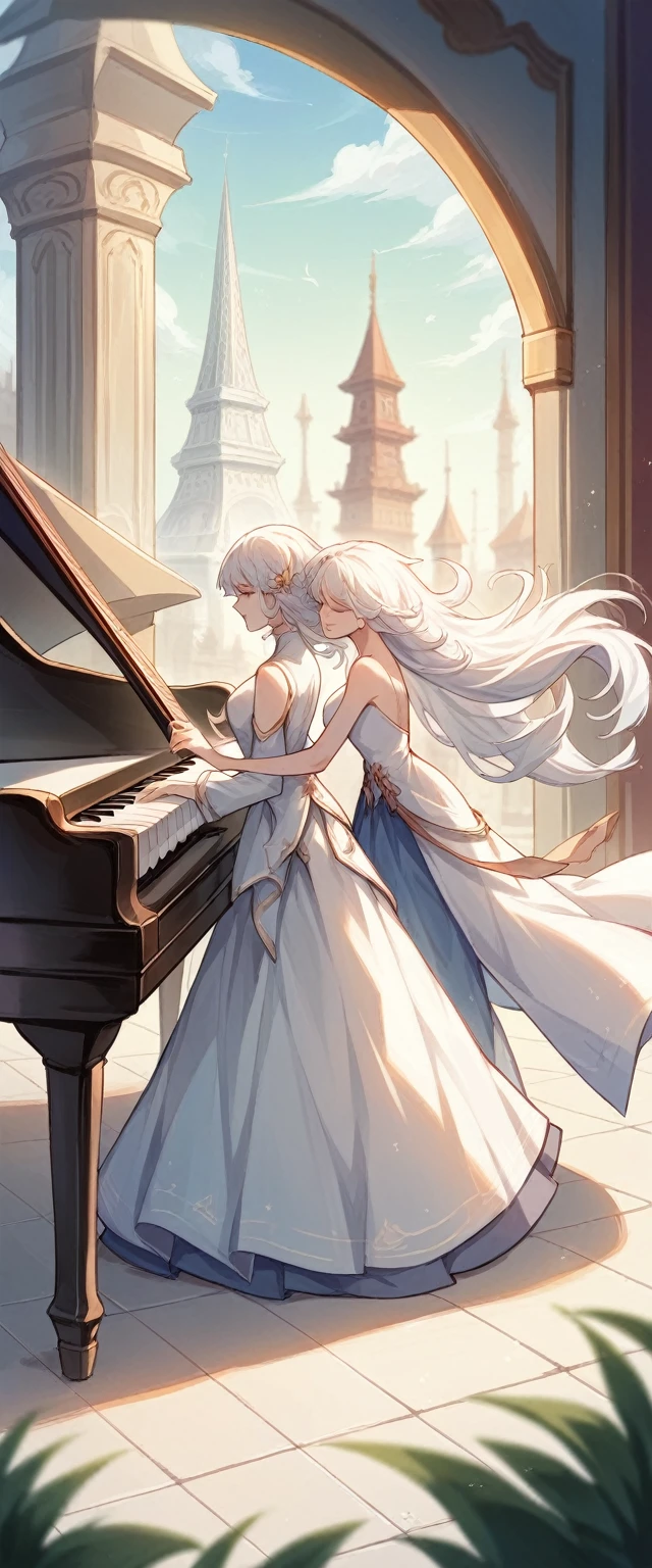 two women, A girl holding a piano, A girl holds a harp, white hair, Xianxia Fantasy, CG Social Popularity, Chinese Tower, Floating potential customers, scattered hair, Motion blurred image, movie light, The foreground is blurry., movement lines, Highly detailed, 16K, height, textured skin, Awesome details