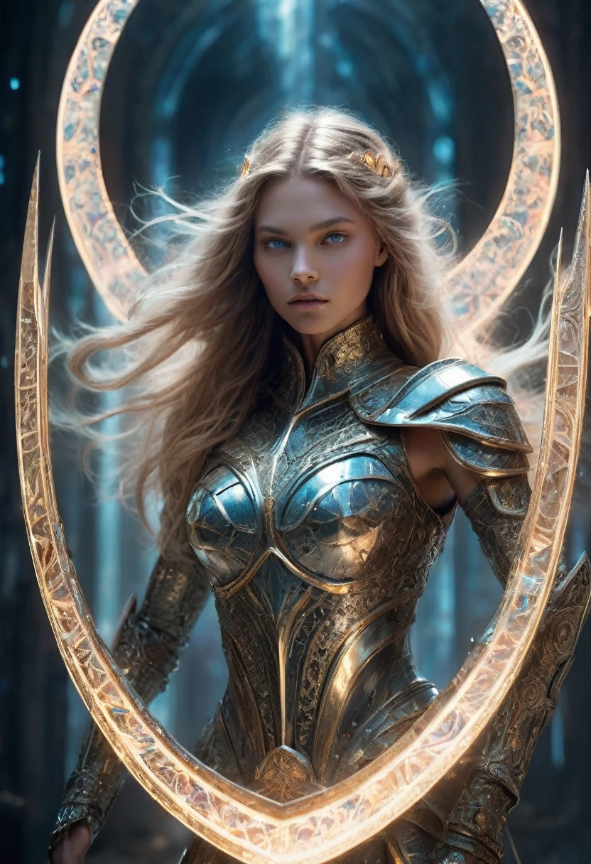 Amid a cosmic backdrop, the celestial warrior princess stands poised in an enchanting blend of futuristic and medieval aesthetics. Her aura exudes strength and grace, mirrored in the intricate details of her shield. Enhanced by ethereal lighting, she emanates power through her sculpted form and captivating features. The scene radiates a cinematic glow, elevating the viewer's experience as they become entranced by her regal presence.