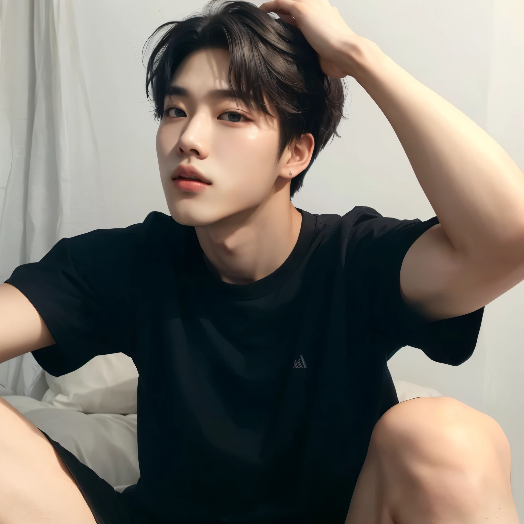 fit man in a black shirt and black shorts sitting on a bed, park Jimin, Jimin, jung jaehyun, Tae June Kim, Jimin\the Greek nose, Jimin\the full lips, hyung tae, Hong Jun Hyung, accurate Jimin face, cai xukun, delicate androgynous prince, yanjun chengt, hyung tae kim