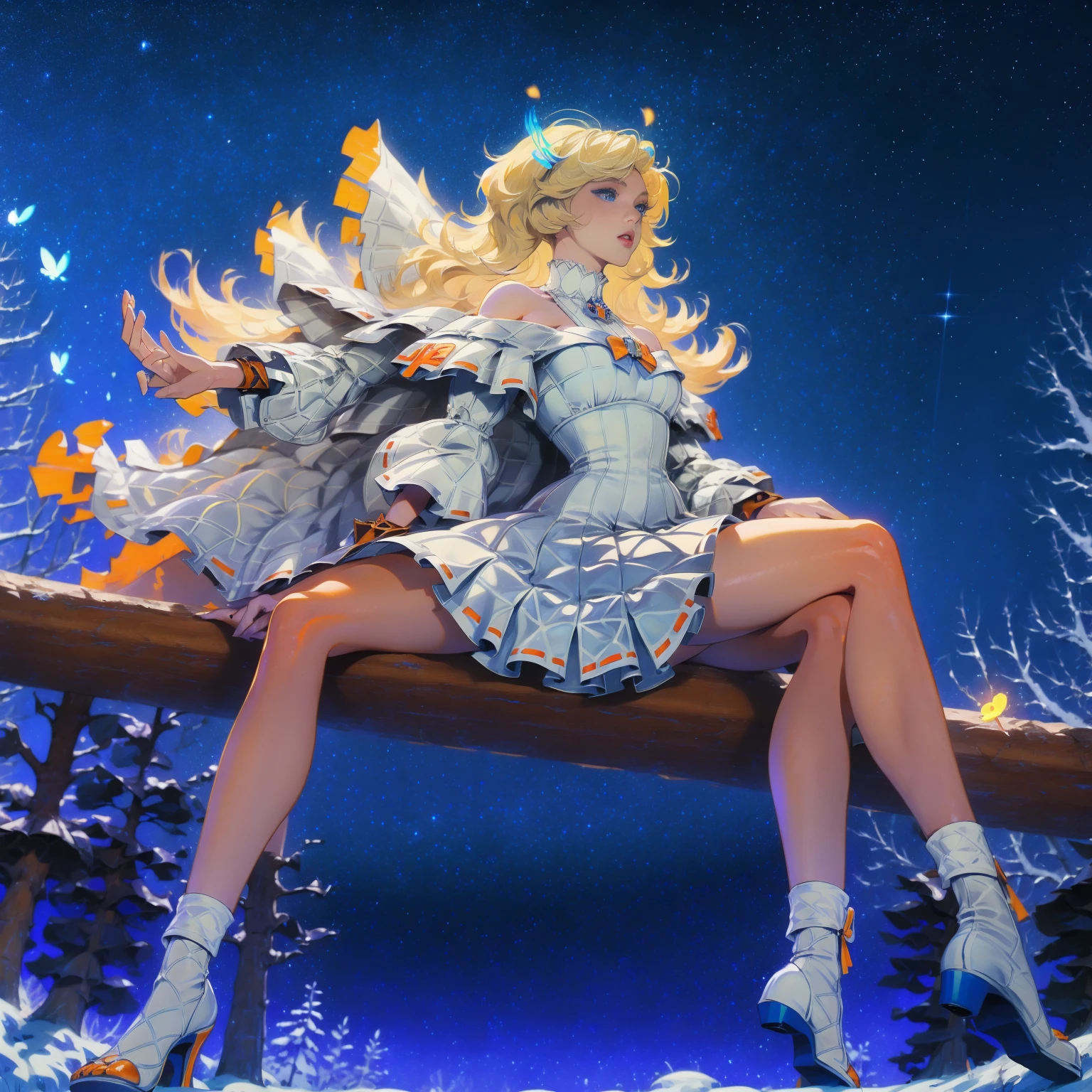 Anime girl with light blonde hair,With light blue eyes,Wearing an off-the-shoulder dress with puff sleeves,Sitting in the woods,Next to it is an orange mushroom,Surrounded by fireflies under the stars