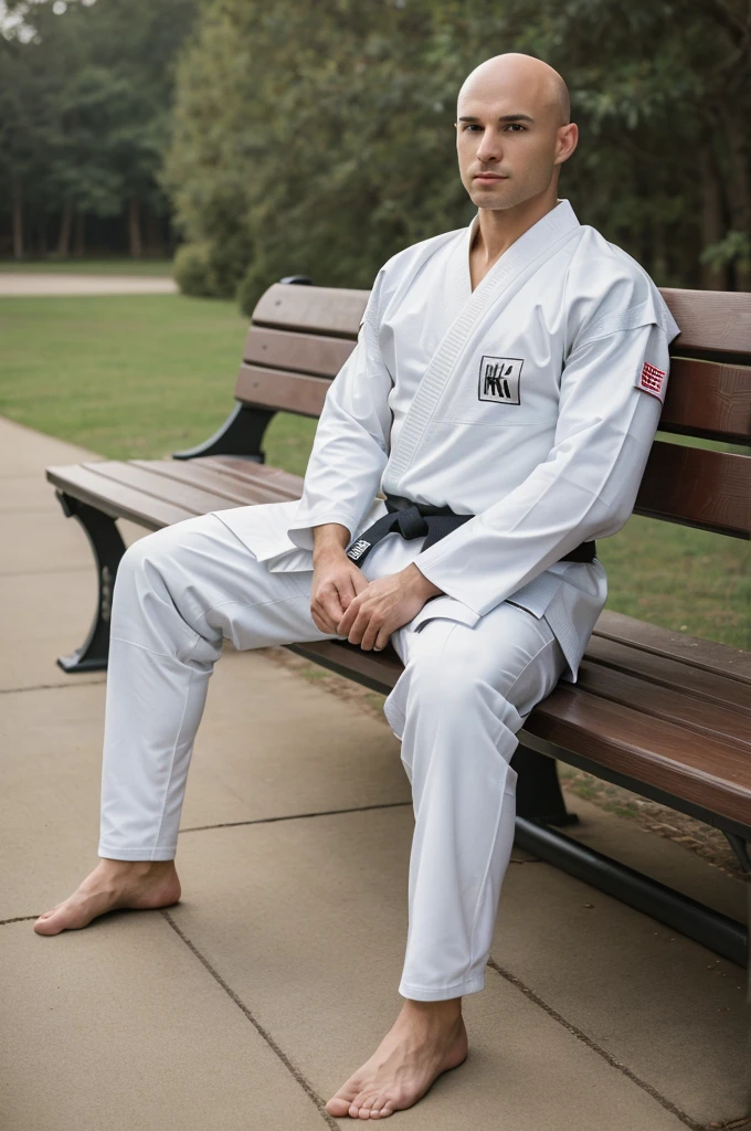 ((8k ((best quality)), ((masterpiece)), (very detailed), real face bald male muscular male full body wear karate suit sit on bench