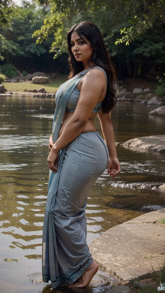 Indian bbw cute 35 years old marriage women lifelike, high - resolution bbw Aashna Bhagwani women with a perfect figure Super fine face and eyes, slong hair, small Tank top dark bluecolors, Wearing a traditional saree, bulky figure, huge big extra large and , full body ,looking front ,big butt, fair complexion, pond backgrounds. Big breast, Plus size, body back pose 4k, 8k,