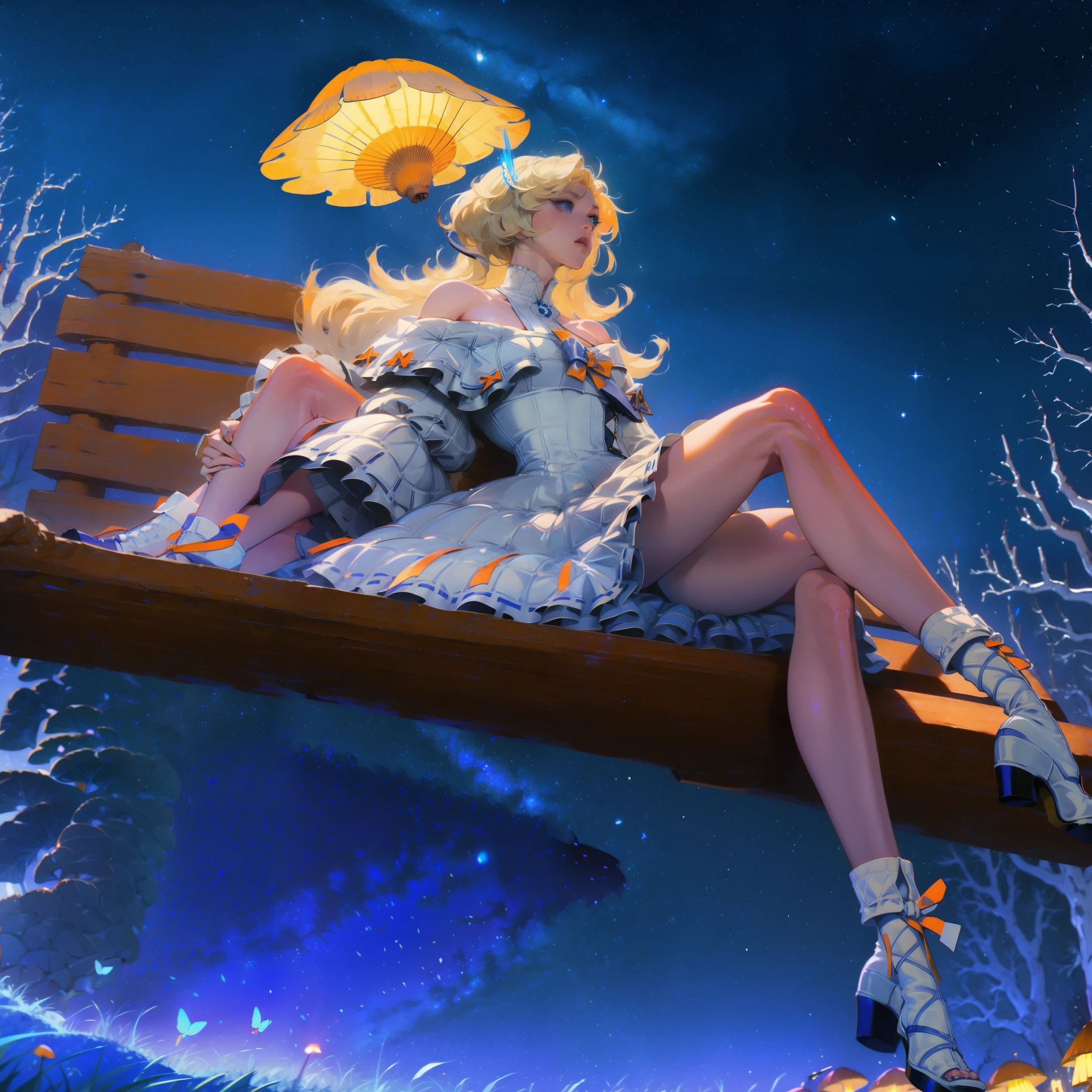 Anime girl with light blonde hair，With light blue eyes，Wearing an off-the-shoulder dress with puff sleeves，Sitting in the woods，Next to it is an orange mushroom，Surrounded by fireflies under the stars
