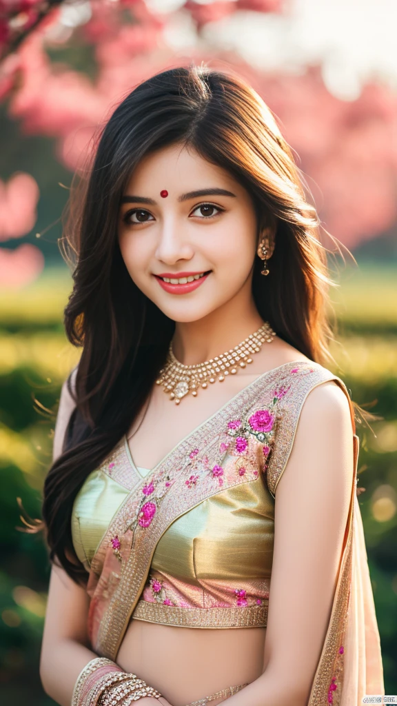 8K, ultra high detailed, an indian girl, cute smile realistic face, happy, long hair, impressive hairstyle, detailed eyes, detailed lips, indian clothes, saree, red top long , lace, wearing jewellery, nature background, flowers, afternoon, shadow, clear weather, whole body capture,noch slim