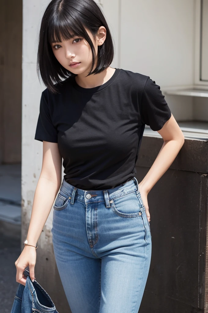 Black Bob、Black T-shirt、jeans、kind、17 years old、female、Sexy