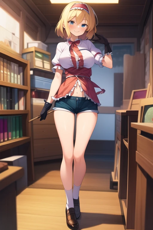 ((best quality)), ((masterpiece)), (detailed), 1girl, Touhou, Alice Margatroid, artisan, artisan tools, artisan workplace background, feminine shorts, short tube top, opened shirt, medium sized breasts, artisan gloves, holding artisan tools smiling expression, full body, wide shot