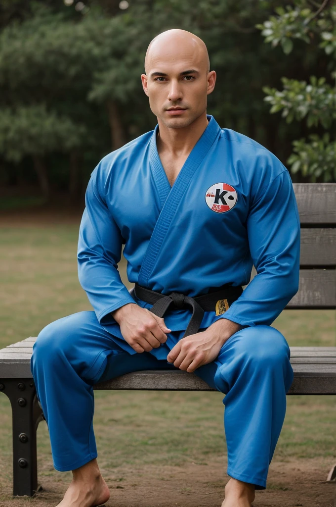 ((8k ((best quality)), ((masterpiece)), (very detailed), real face bald male muscular male full body wear karate suit sit on bench