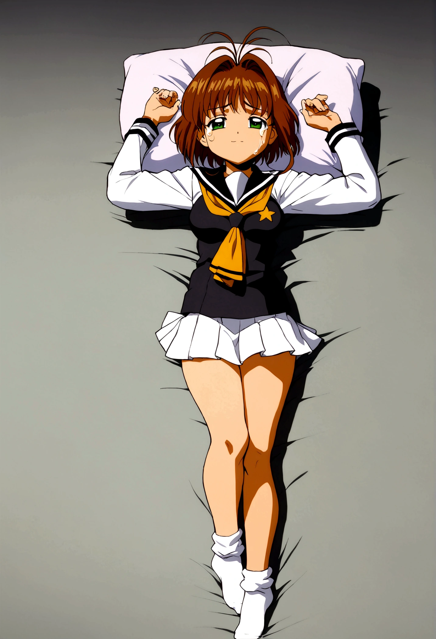 (masterpiece, best quality: 1.2),(very detailed face, real image, realistic skin, realistic body, intricate details),1 woman, Kinomoto Sakura, brown hair, alone, skirt, green eyes, Short hair, have, white skirt, white hat, Magic Girl, Antenna hair, laugh, serafuku, pleated skirt, dehisce, looking at viewer, cowboy shot, long sleeves, star (symbol), muffler, lie down in bed with both arms extended above the head and placed behind the pillow, anime girl lying down, expose plump breasts, whole body, plump thighs, Natural Pose, beautifully, cute, Fix errors without any awkwardness, tall, I have long legs, Wearing (tomoeda_초등school_school_Uniform),black top, tennis mini skirt,cry in shame, wearing white ankle socks, random sexy poses