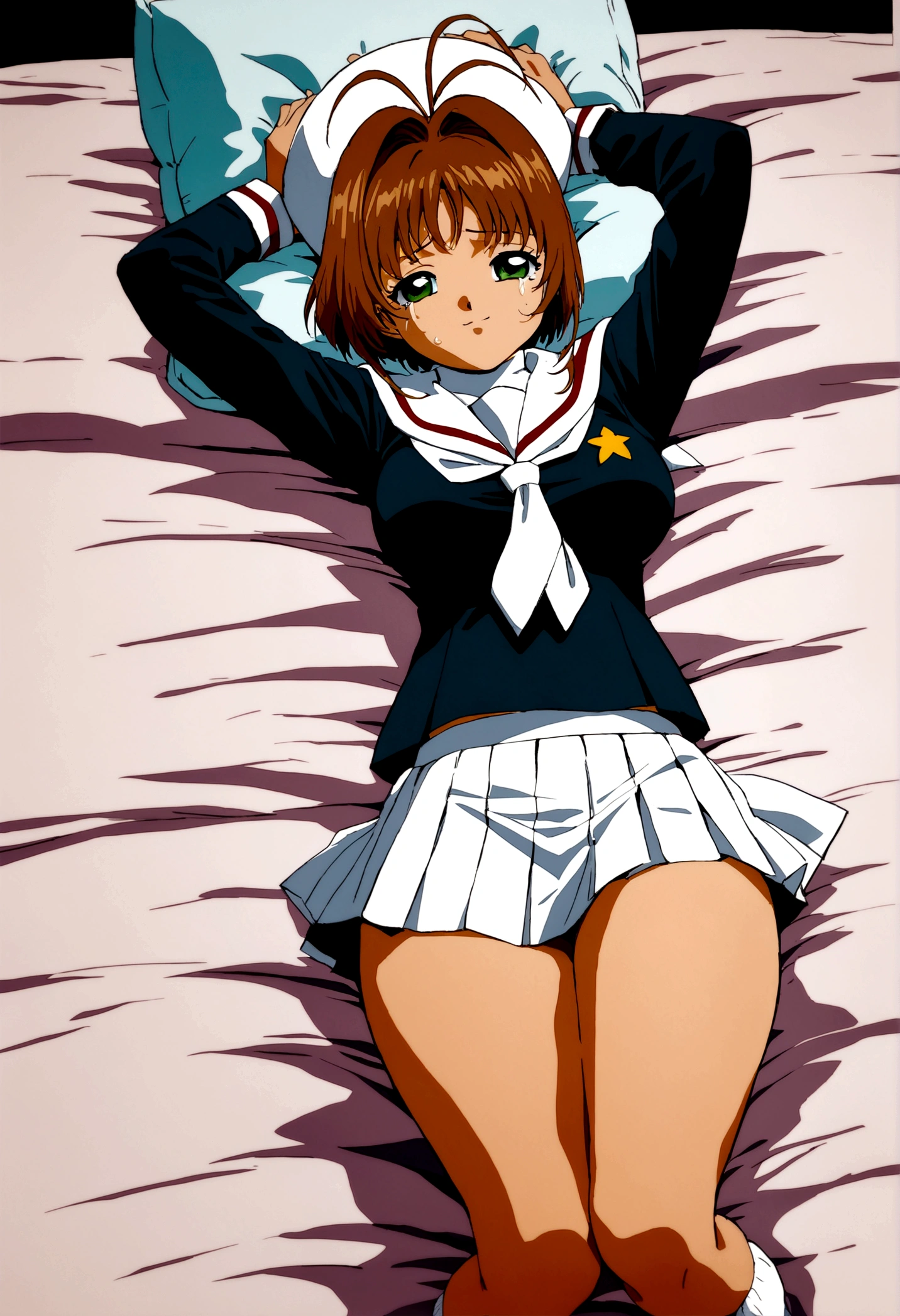 (masterpiece, best quality: 1.2),(very detailed face, real image, realistic skin, realistic body, intricate details),1 woman, Kinomoto Sakura, brown hair, alone, skirt, green eyes, Short hair, have, white skirt, white hat, Magic Girl, Antenna hair, laugh, serafuku, pleated skirt, dehisce, looking at viewer, cowboy shot, long sleeves, star (symbol), muffler, lie down in bed with both arms extended above the head and placed behind the pillow, anime girl lying down, expose plump breasts, whole body, plump thighs, Natural Pose, beautifully, cute, Fix errors without any awkwardness, tall, I have long legs, Wearing (tomoeda_초등school_school_Uniform),black top, tennis mini skirt,cry in shame, wearing white ankle socks, random sexy poses