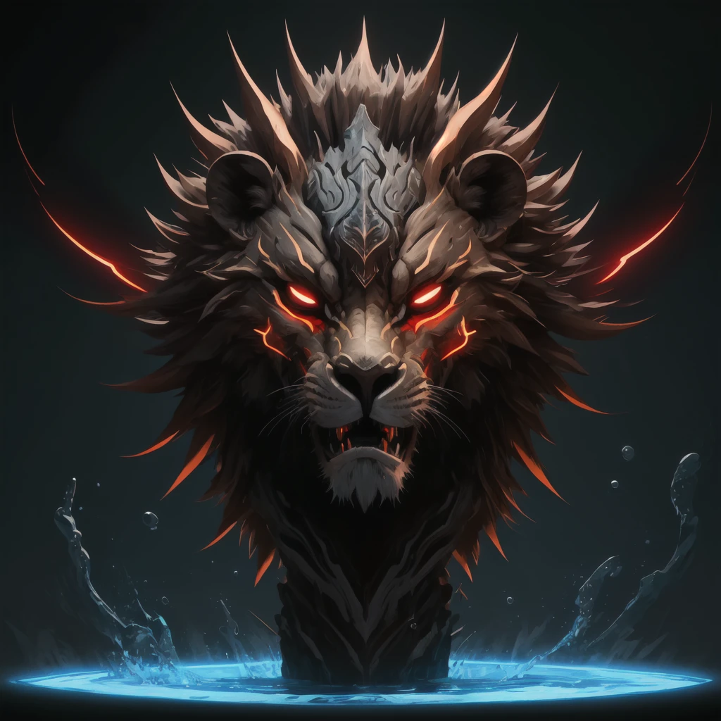 a design [lion head] roarrr face, [soft neon light], sticker art, vector art, dark backgroud, and splash red blods, hight quality