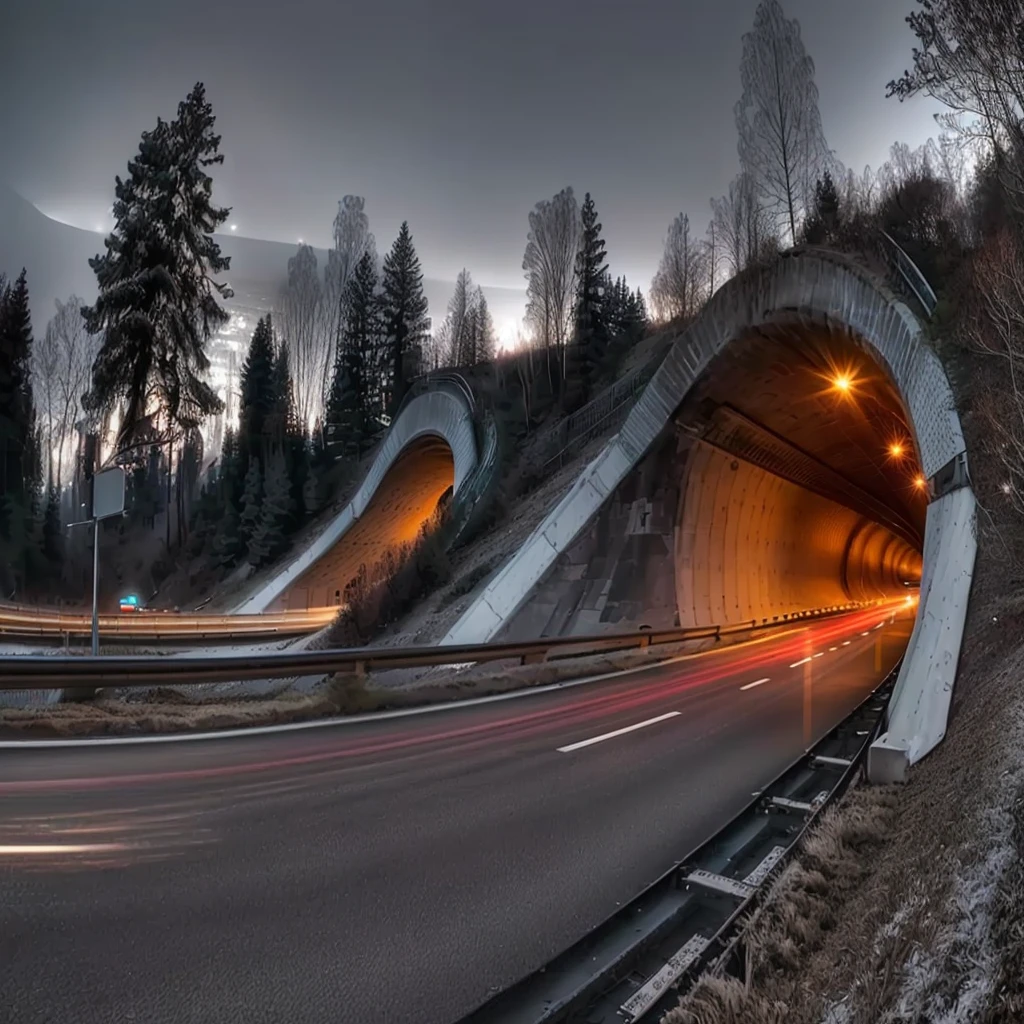 a awe-inspiring view of a long curving tunnel with a car driving through it, intricate interchanges, curved architecture, winding bridges, advanced high-speed highway, long exposure shot, tunnels leading to different worlds, serpentine curves, tunnels, curving perspective, by Erik Ortvad, tunnels, long exposure photograph, long exposure, highway, Norway, flowing curves, truck