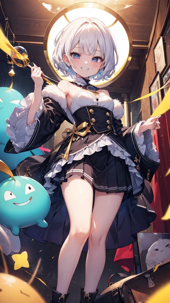 (8K、Highest quality、Highest quality、masterpiece)、Detailed face、One Girl、short hair、Look down on me、Wicked Smile、((Grin))、Small breasts、((skirt))、