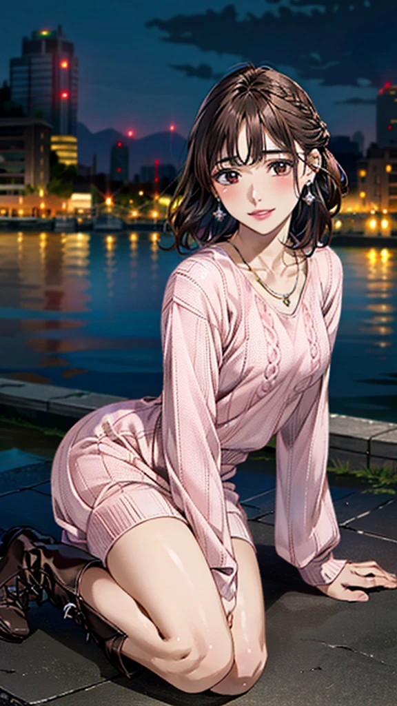 (masterpiece:1.3, Highest quality, Ultra-high resolution, Super detailed), (Realistic, photoRealistic:1.4), Beautiful illustrations, Perfect lighting, colorful, Depth of written boundary, Beautiful detailed hair, Beautifully detailed face, Beautiful fine details, Droopy eyes、Beautiful clavicle, Beautiful body, 美しいLarge Breasts, Beautiful thighs, Beautiful feet, Beautiful fingers, View Viewer、Front view:0.6, Beauty1人, Japanese, Beauty、30 years old, Perfect Face, (Perfect Anatomy, Anatomically correct), Cute and symmetrical face, , , Shiny skin, (Pink long sleeve knit A-line dress:1.4) 、(short boots:1.3)、(Dark brown hair, Updo Hair:1.4), braided bangs、Dark brown eyes, Large Breasts, Slim body, necklace, Small earrings:1.1, (Beautiful views), (night), (city, cityscape in the distance), Riverside、 A soft smile、(Smile, Lips parted),