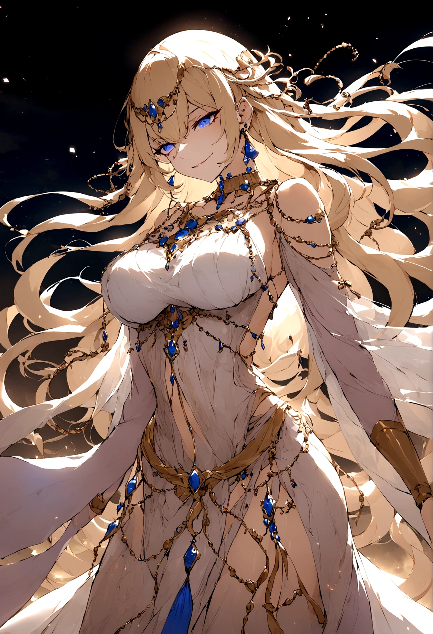 She has long blonde hair cascading down her back.Piercing blue eyes. Her outfit consists of delicate, thin chains and ornamental pieces that barely cover her body. A translucent purple veil covers her lower face, with intricate jewelry adorning her neck, arms, and waist. evil smile, subservient, large breast, egyptian style clothng
